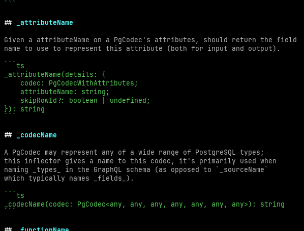 More detailed output from later in the `graphile inflection list` command