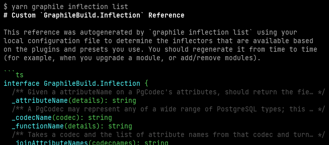 Initial output of the `graphile inflection list` command